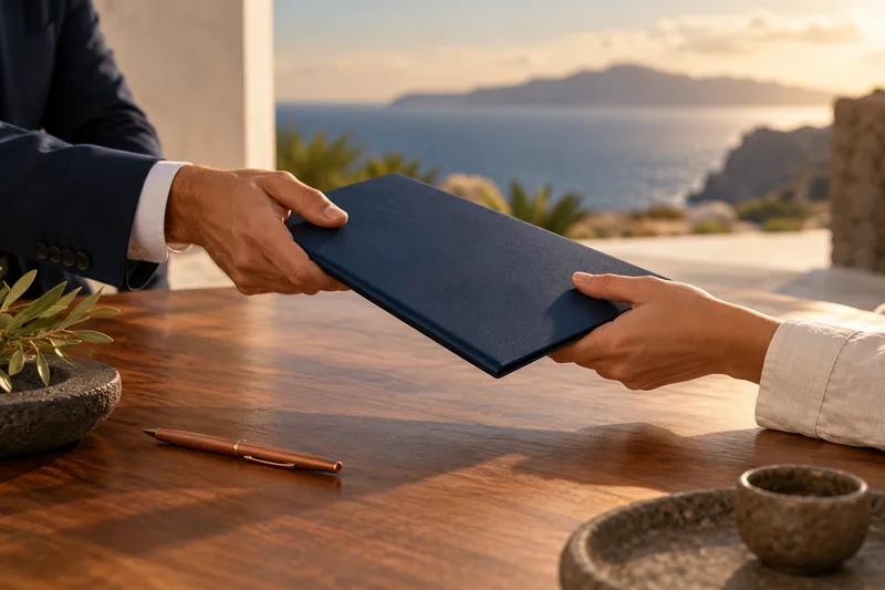 Dos manos se entregan una carpeta sobre una mesa de notaría con vistas al mar